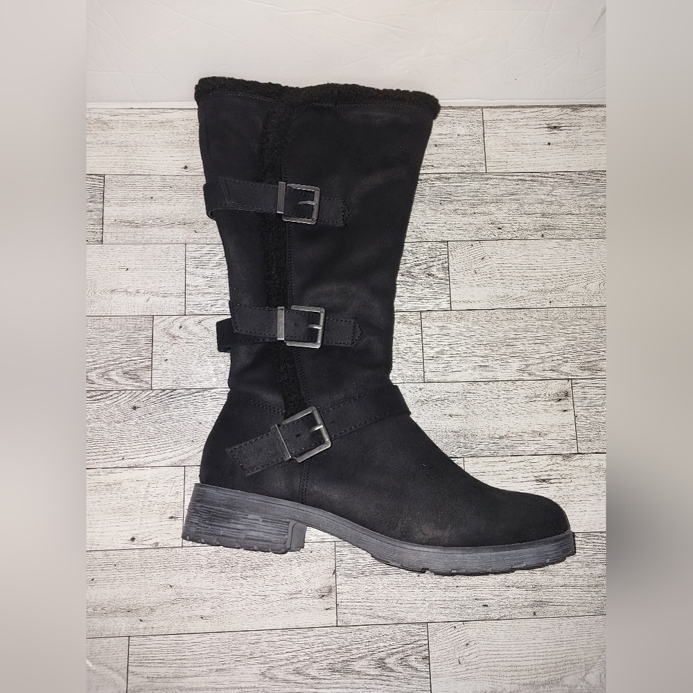 White Mountain Santell Women Shoes Tall Buckle Boot Black Waxy Fabric Sz M